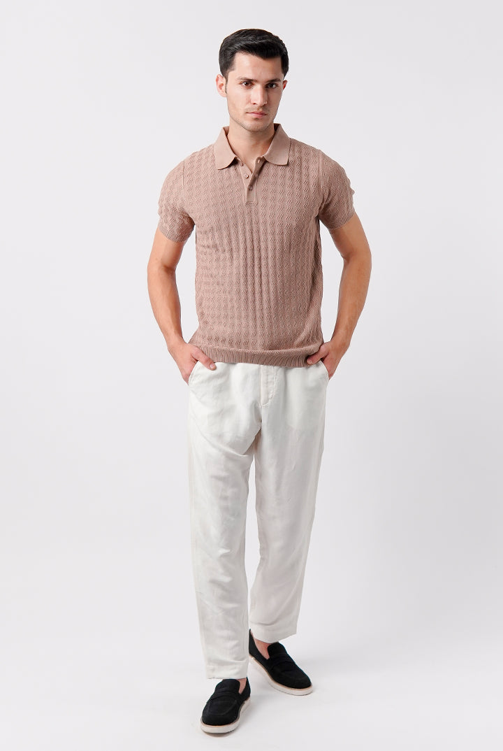 Textured Knit Polo Shirt - Beige - Mendeez