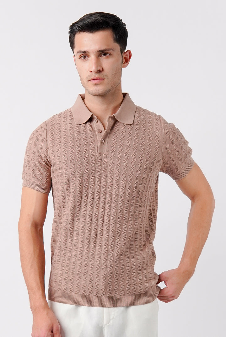 Textured Knit Polo Shirt - Beige - Mendeez