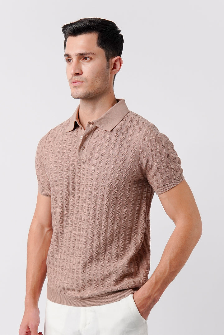 Textured Knit Polo Shirt - Beige - Mendeez