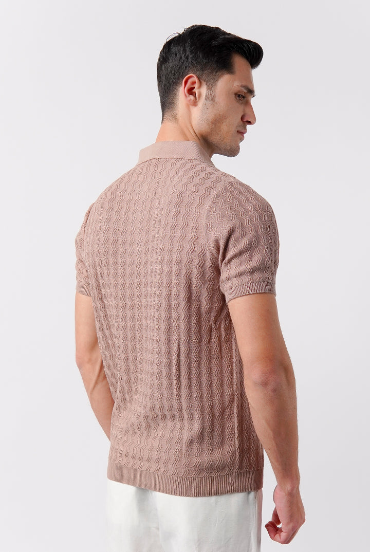 Textured Knit Polo Shirt - Beige - Mendeez