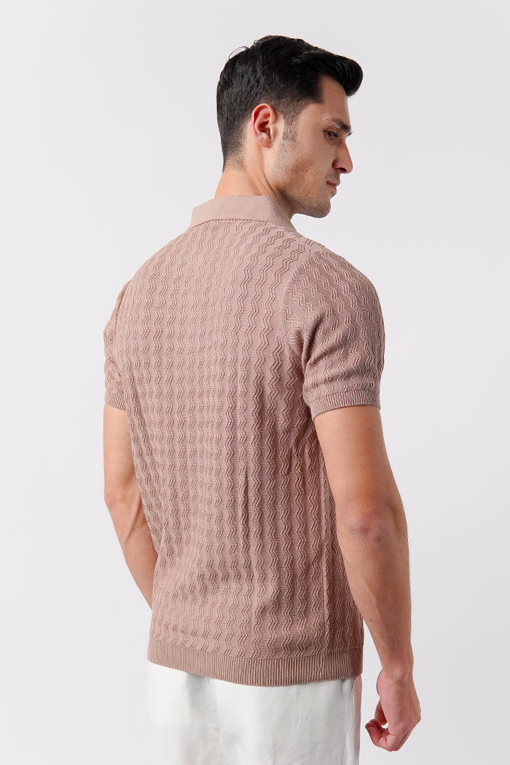 Textured Knit Polo Shirt - Beige - Mendeez