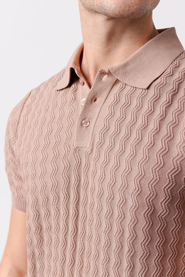 Textured Knit Polo Shirt - Beige - Mendeez