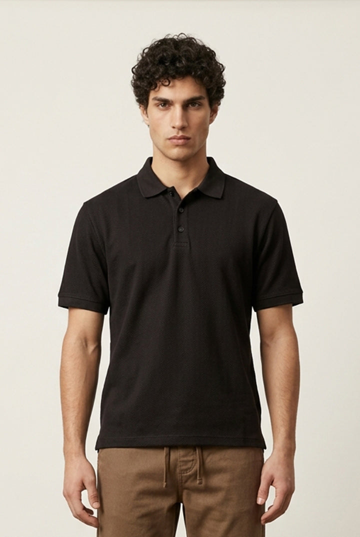 Jacquard Textured Polo - Black - Mendeez