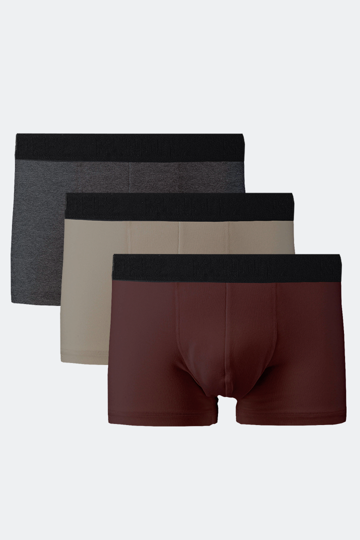 Boxer Trunks - Burgundy, Charcoal Grey & Beige Pack Of 3 - Mendeez