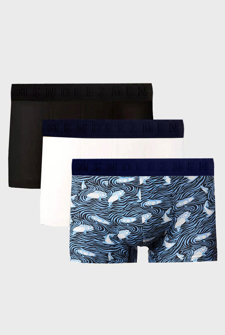 Boxer Trunks - Black, White & Printed Blue Pack Of 3 - Mendeez