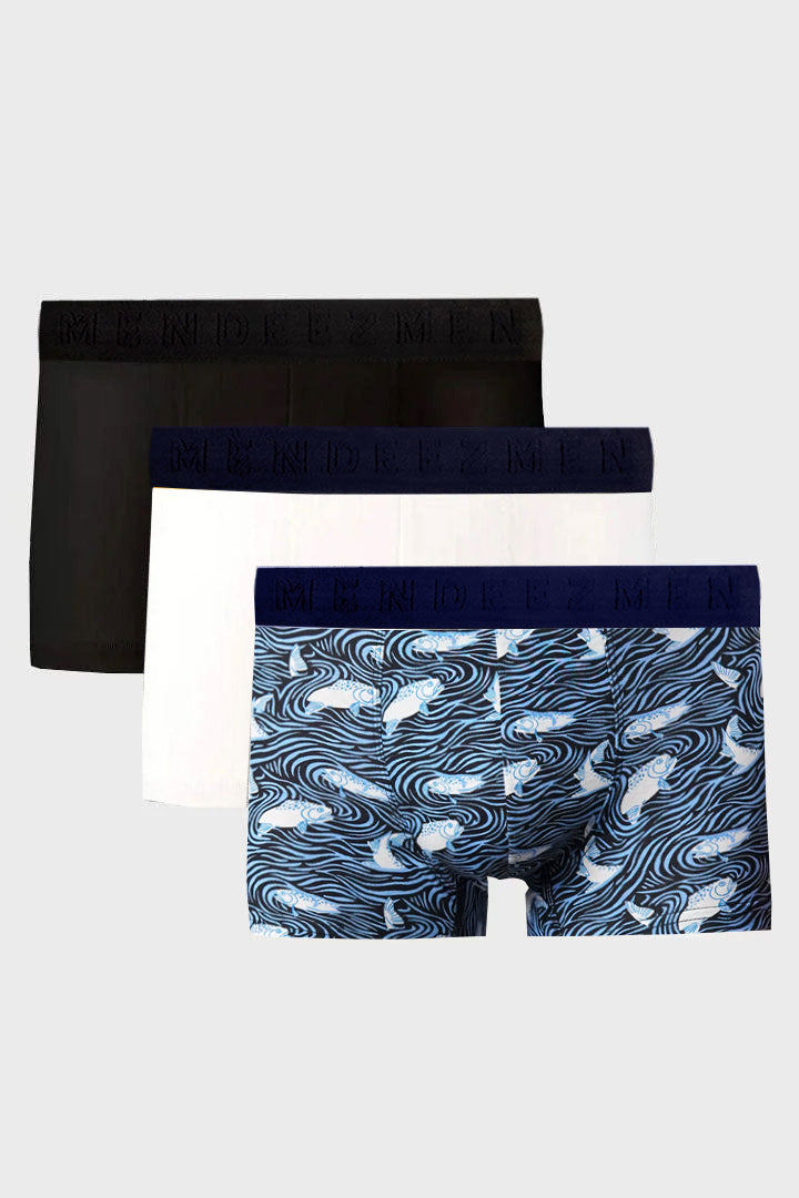 Boxer Trunks - Black, White & Printed Blue Pack Of 3 - Mendeez