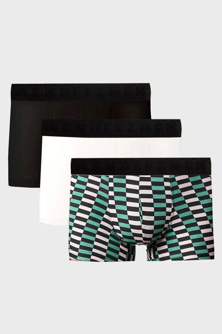 Boxer Trunks - Black, White & Printed Multicolor Pack Of 3 - Mendeez