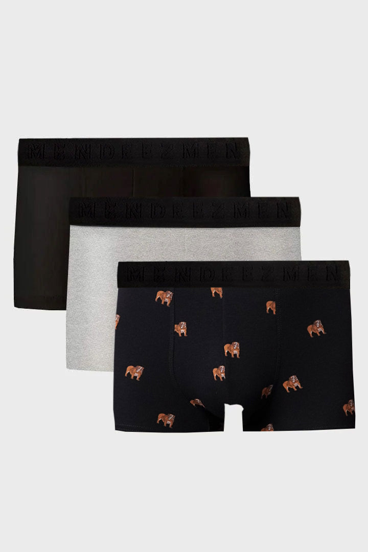 Boxer Trunks - Black, Heather Grey & Printed Black Pack Of 3 - Mendeez