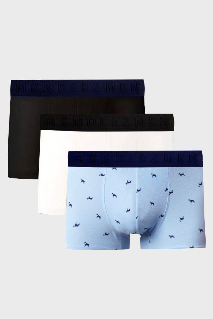 Boxer Trunks - Black, White & Printed Sky Blue Pack Of 3 - Mendeez