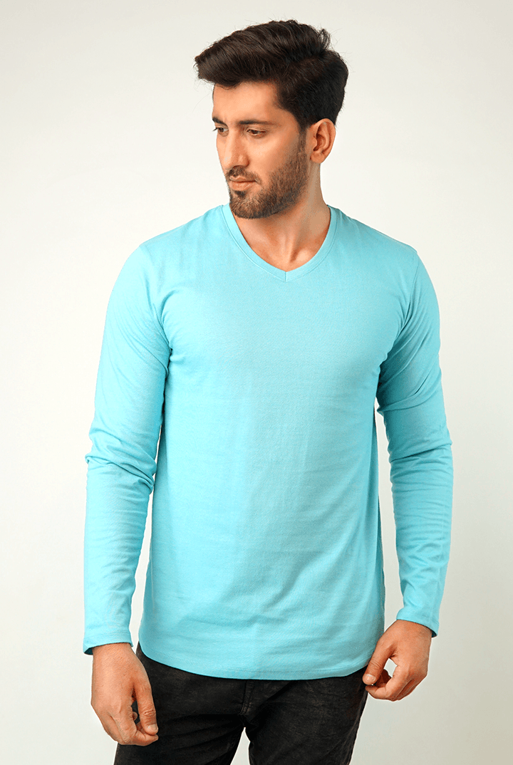 Pale Blue V-Neck Full Sleeve T-Shirt - Mendeez PK