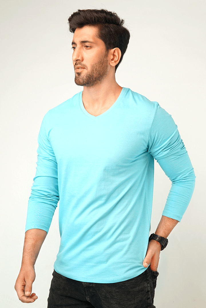 Pale Blue V-Neck Full Sleeve T-Shirt - Mendeez PK