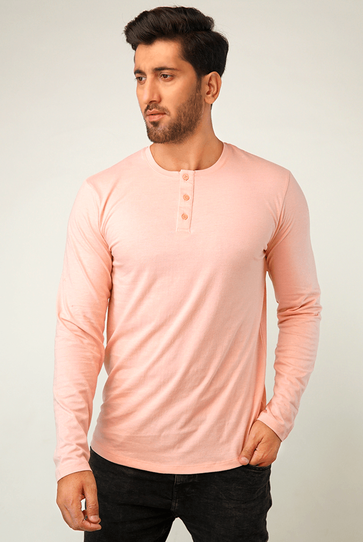 Pastel Pink Full Sleeve Henley T-Shirt - Mendeez PK