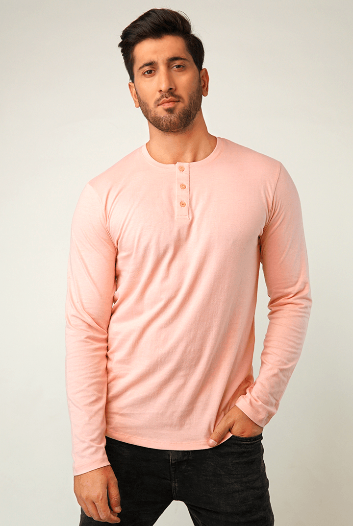Pastel Pink Full Sleeve Henley T-Shirt - Mendeez PK