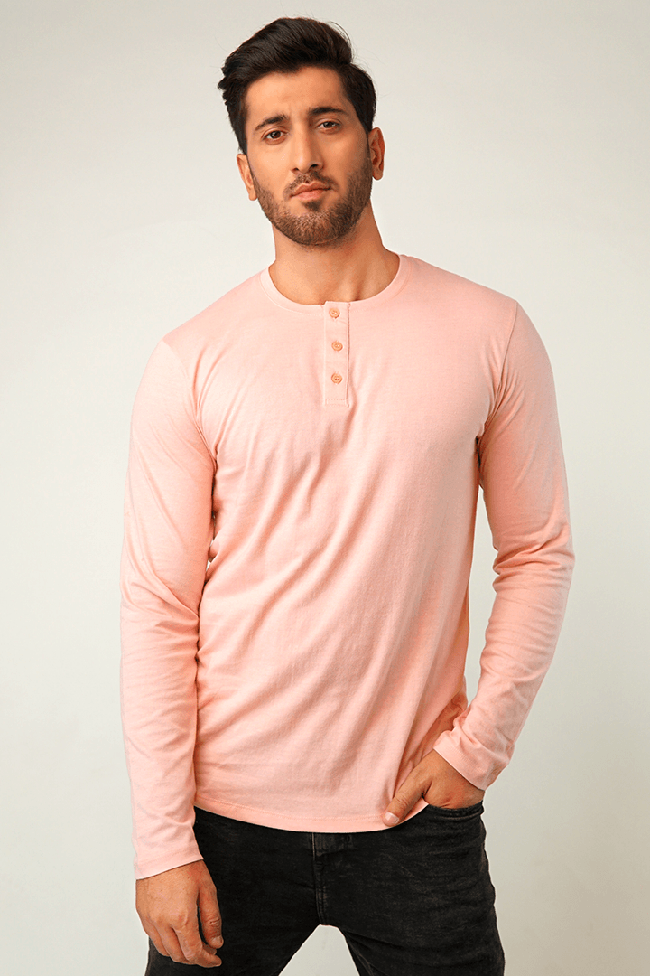 Pastel Pink Full Sleeve Henley T-Shirt - Mendeez PK