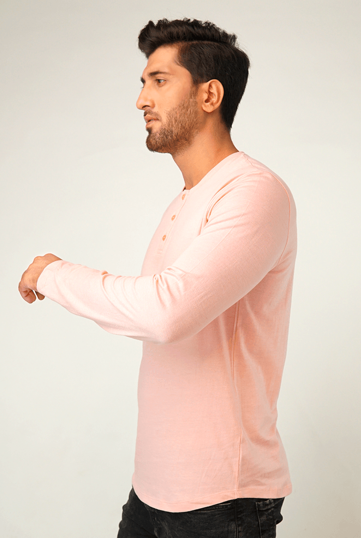 Pastel Pink Full Sleeve Henley T-Shirt - Mendeez PK