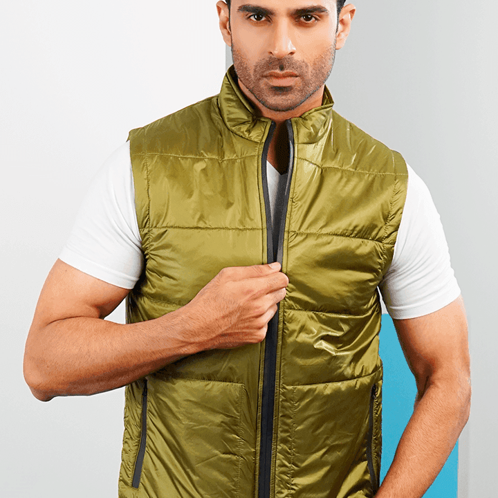 Lime Gold Moondust Metallic Sleeveless Puffer Jacket-MENDEEZ-Jackets