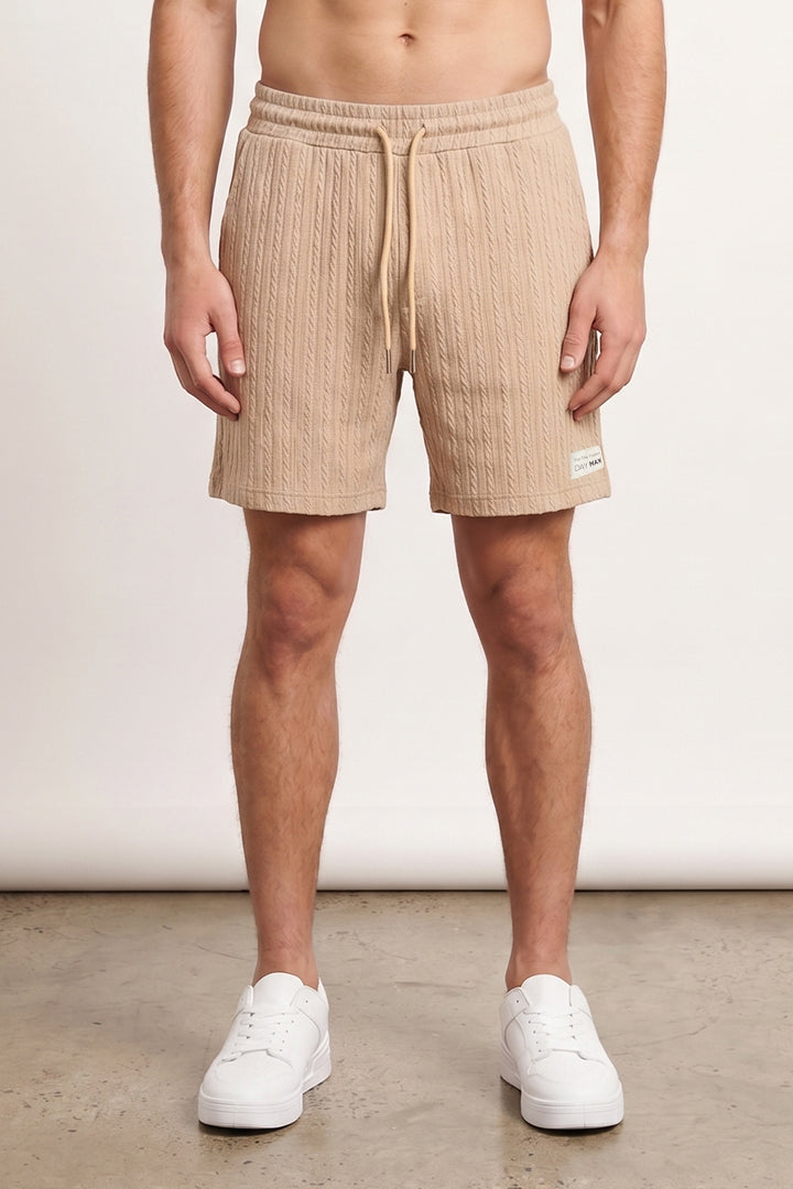 Cable Knit Textured Shorts - Beige-1-MENDEEZ