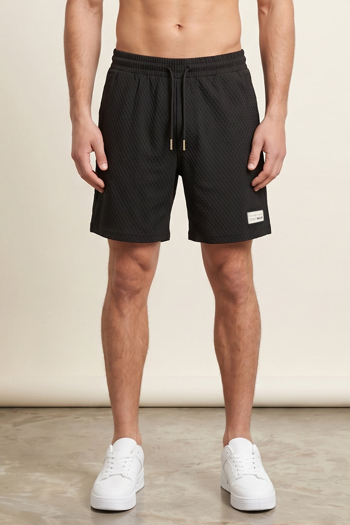Diamond Mesh Textured Shorts - Black-1-MENDEEZ