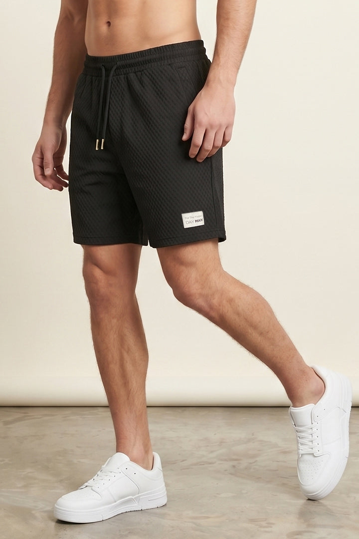 Diamond Mesh Textured Shorts - Black-2-MENDEEZ