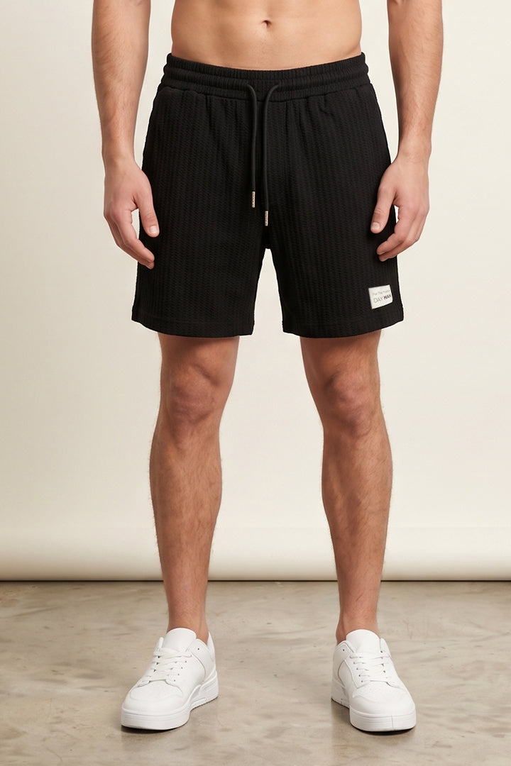 Vertical Stripe Textured Shorts - Black-1-MENDEEZ