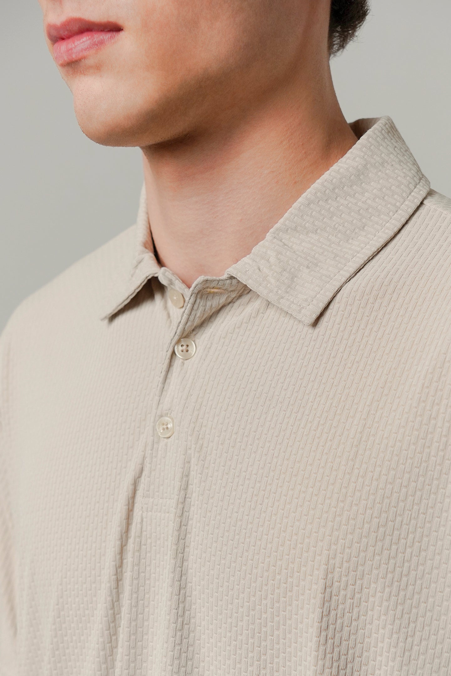 Textured Polo - Beige-1-MENDEEZ