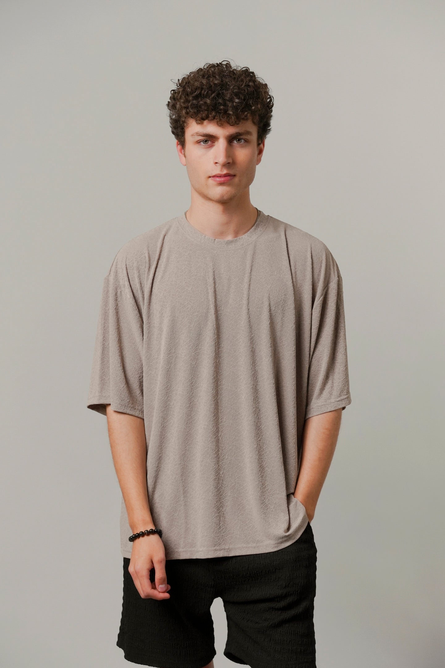 Oversized Texture Crew T-Shirt - Khaki Beige-2-MENDEEZ