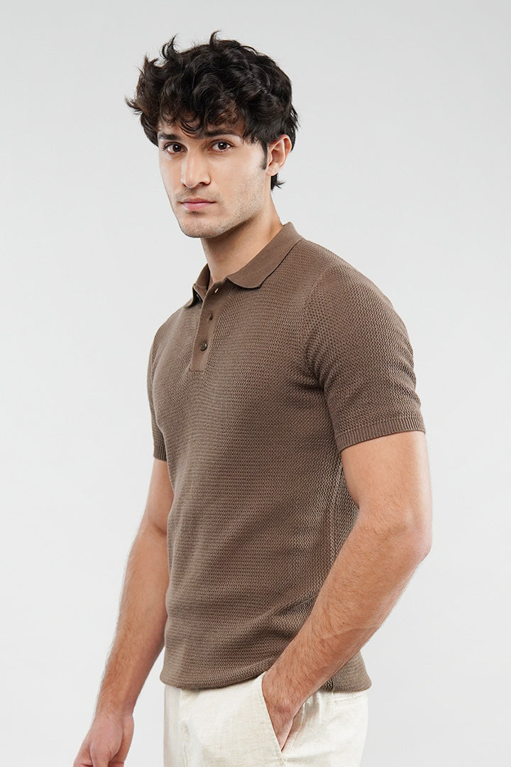 Knitted Polo Shirt - Brown - Mendeez