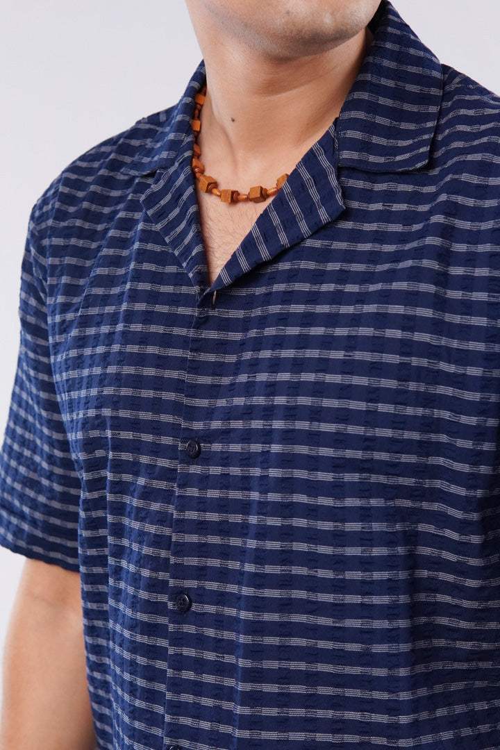 Striped Texture Cuban Shirt - Blue - Mendeez