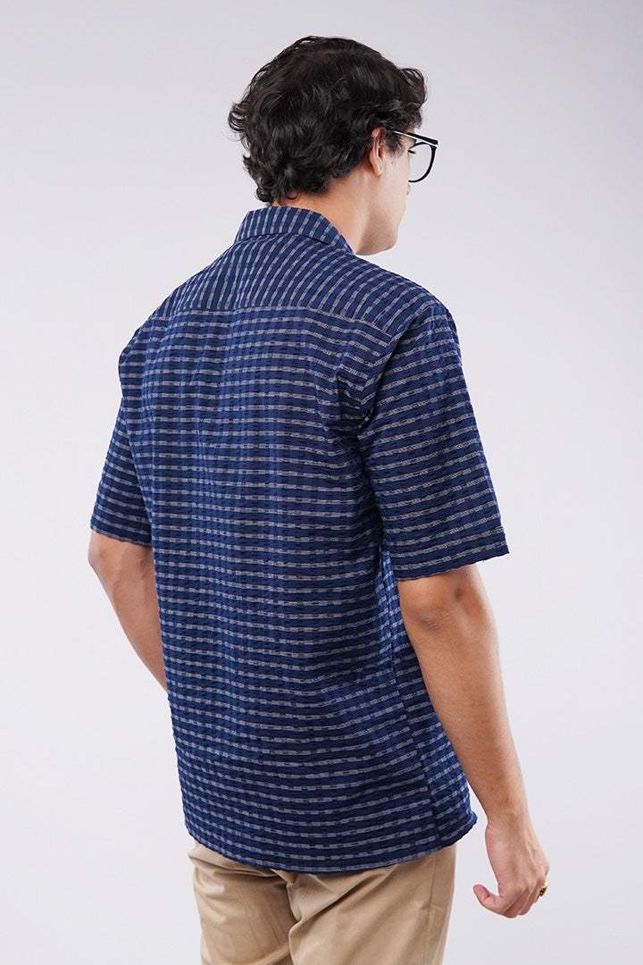 Striped Texture Cuban Shirt - Blue - Mendeez