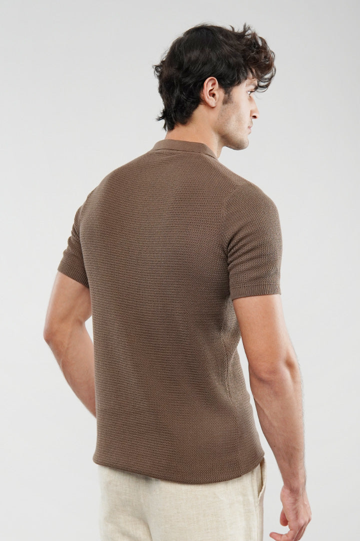 Knitted Polo Shirt - Brown - Mendeez