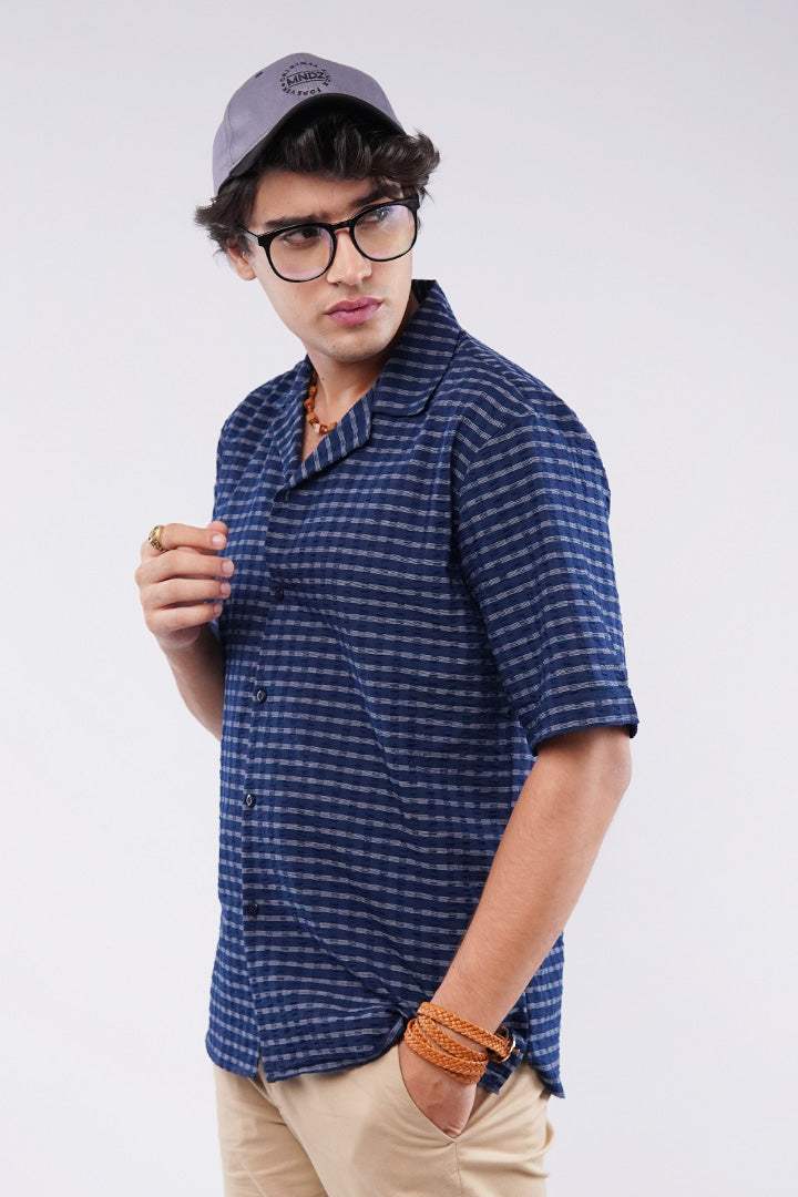 Striped Texture Cuban Shirt - Blue - Mendeez