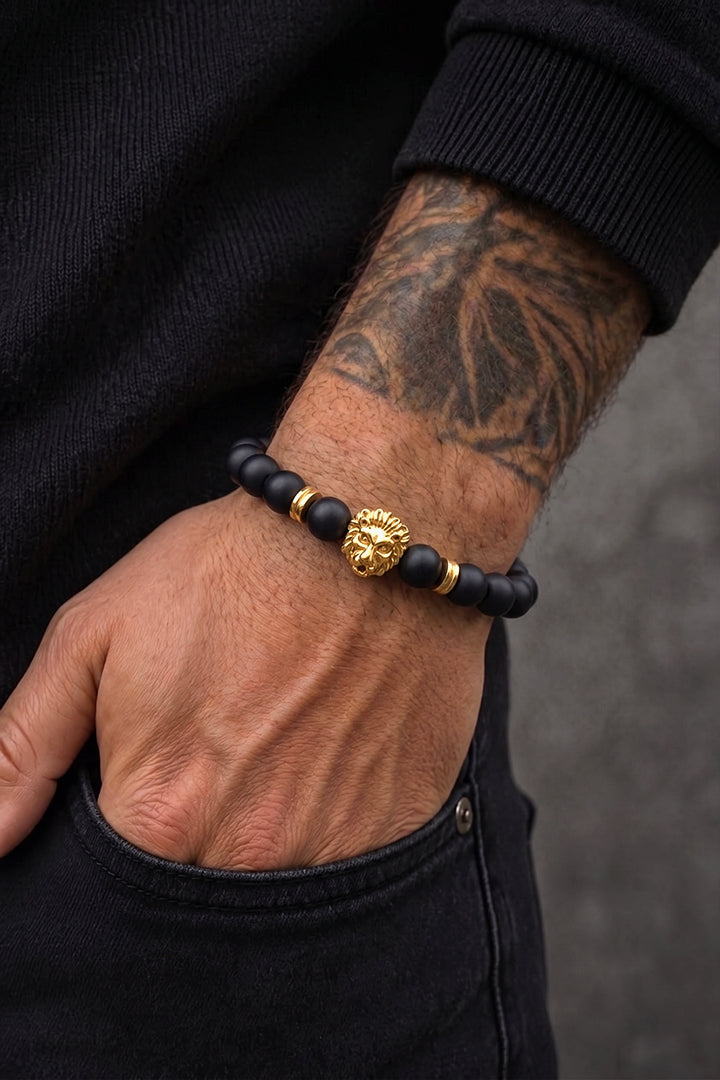 Matte Black Onyx Gold Lion Bracelet-1-MENDEEZ