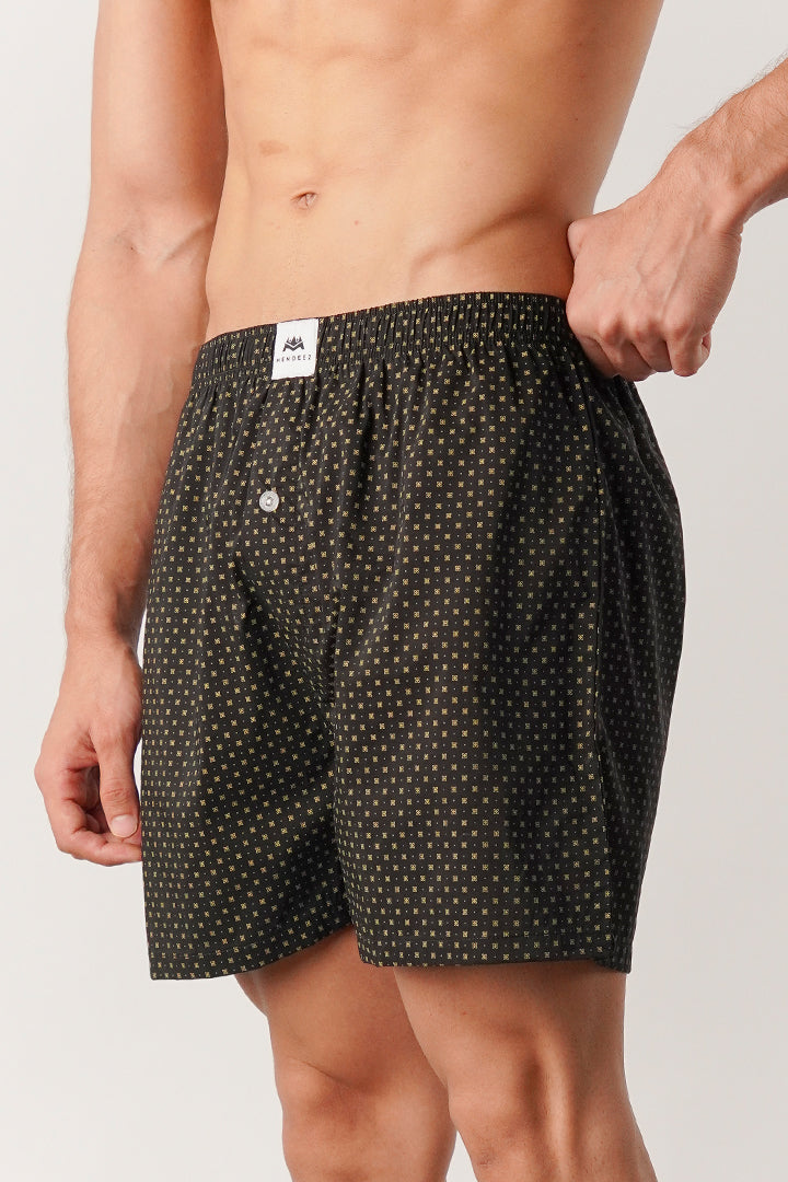 Printed Woven Boxer Shorts - Black - Mendeez