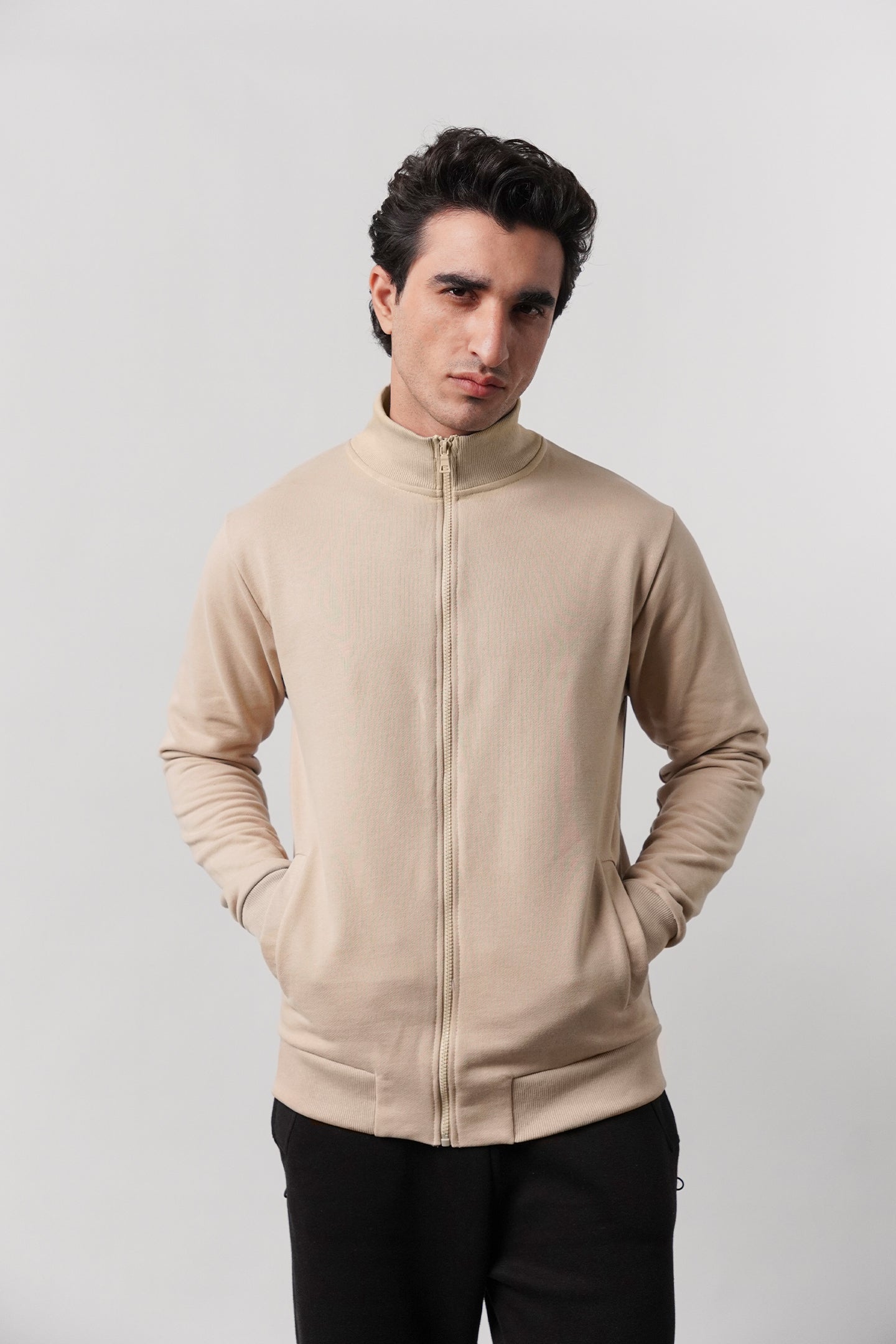 Stand-Up Collar Jacket - Beige - Mendeez