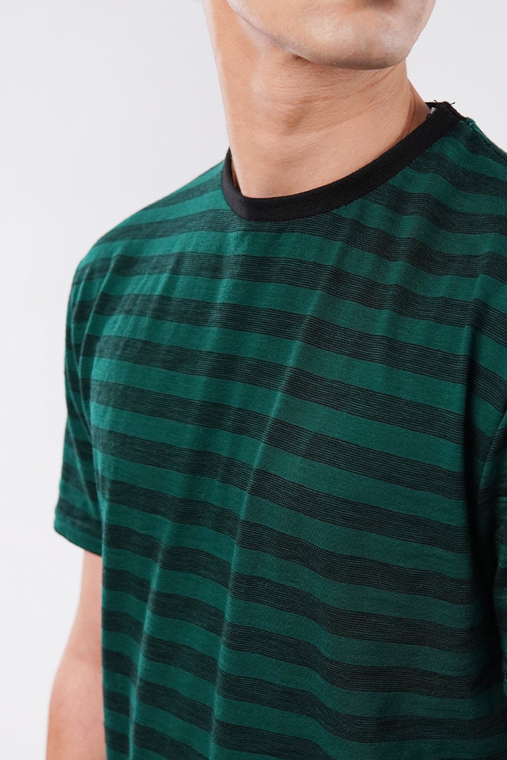 Striped Curved Hem T-Shirt - Green - Mendeez