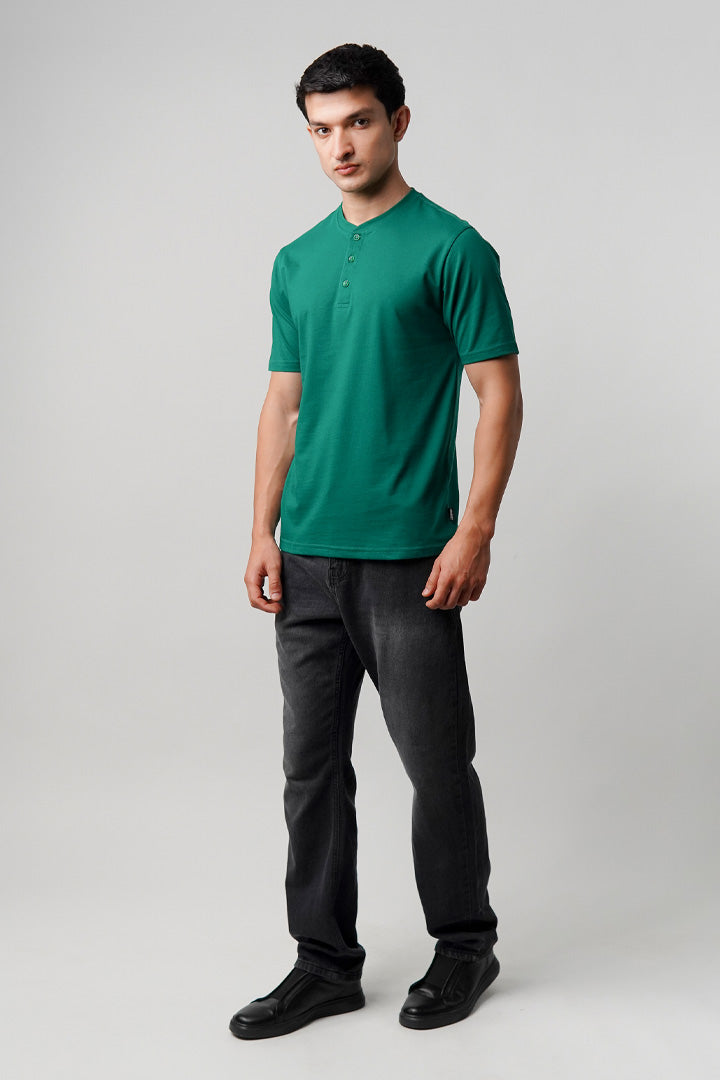 Regular Fit Henley T-Shirt - Green - Mendeez