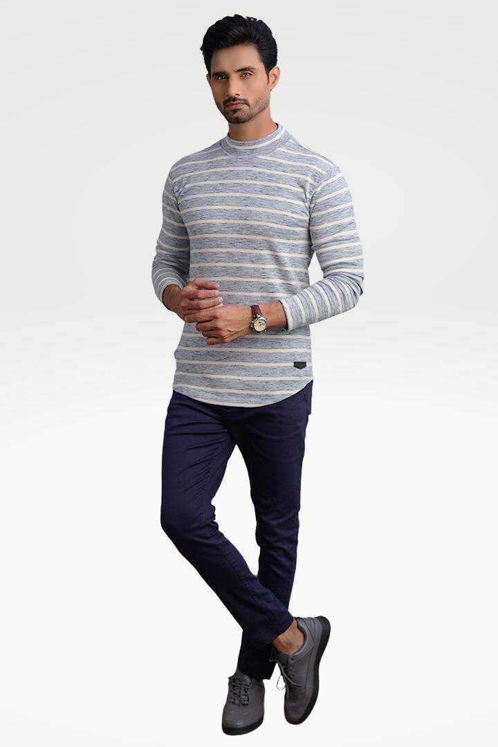 Misty Gray Mock Neck Striped Sweatshirt - Mendeez PK 