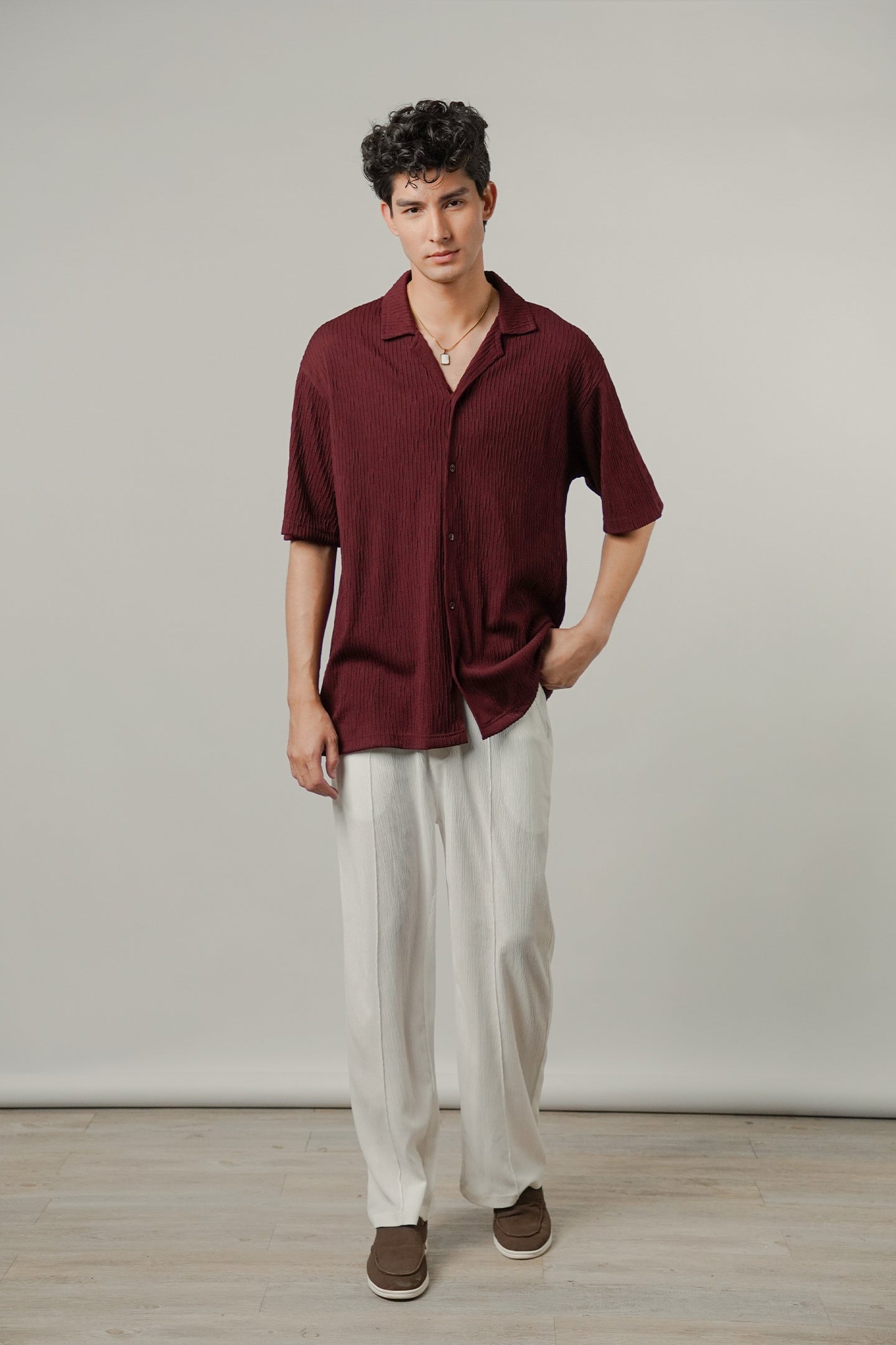 Textured Cuban Shirt - Maroon - FA - Mendeez