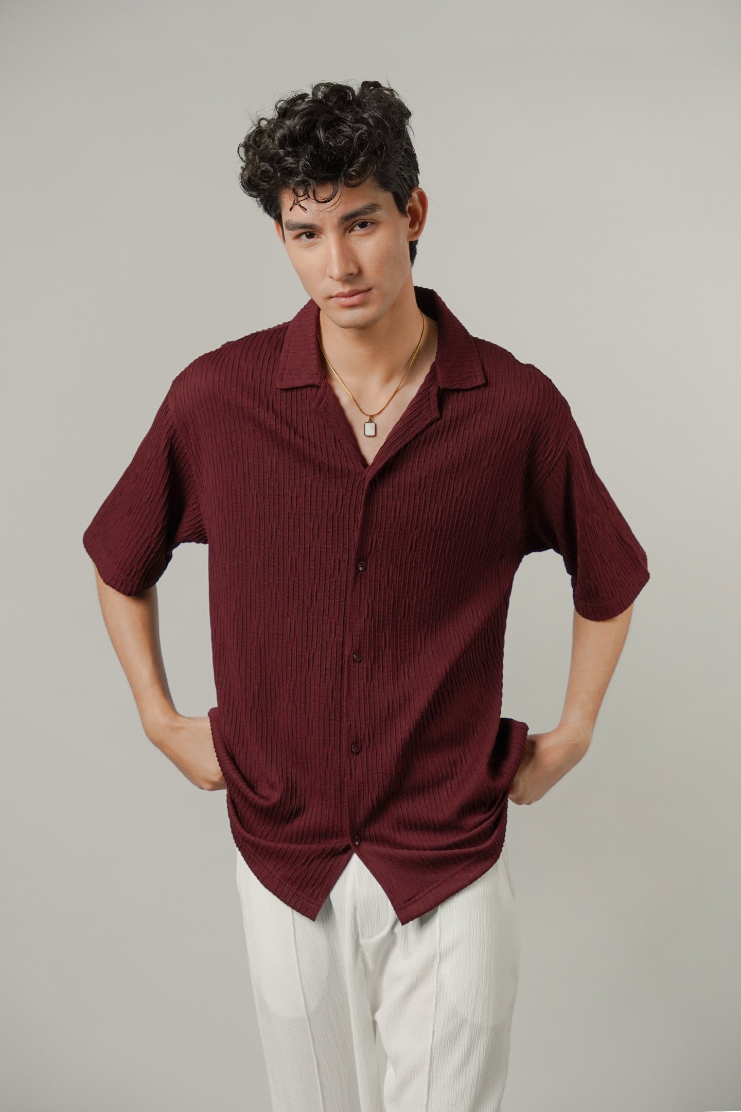 Textured Cuban Shirt - Maroon - FA - Mendeez