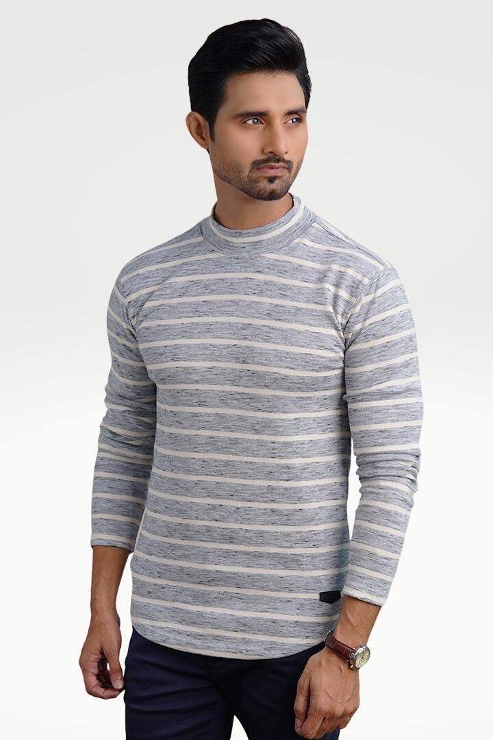 Misty Gray Mock Neck Striped Sweatshirt - Mendeez PK 