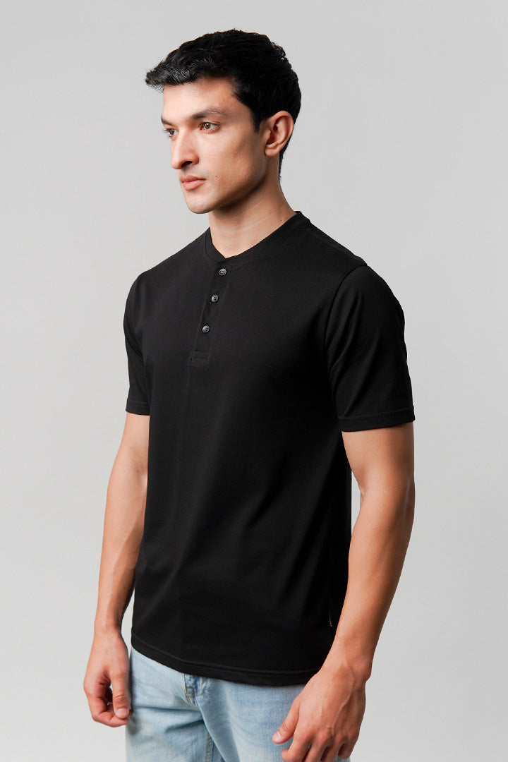 Regular Fit Henley T-Shirt - Black - Mendeez