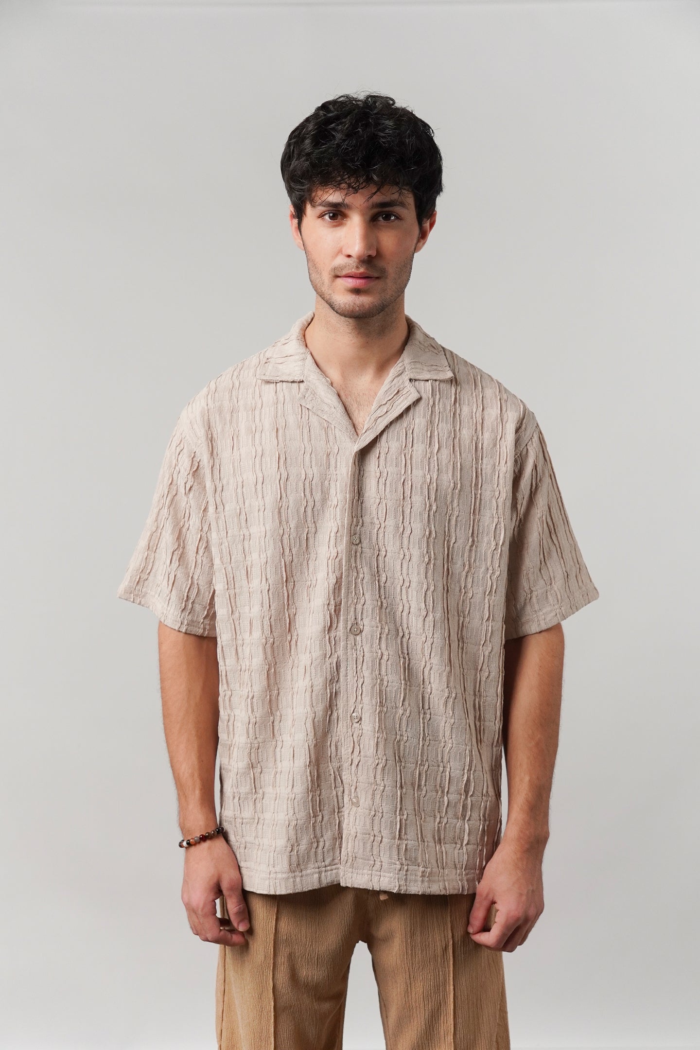 Knitted Cuban Shirt - Beige - Mendeez