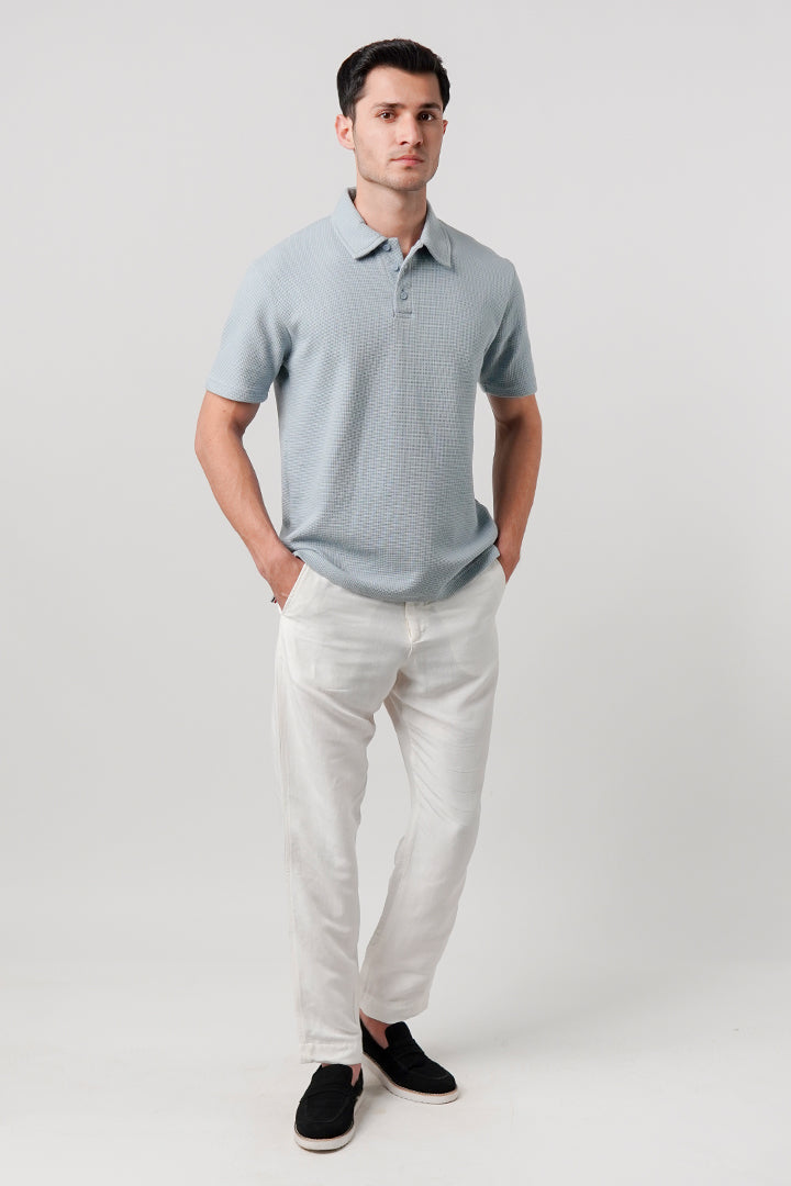 Textured Waffle Polo Shirt - Ice Blue - Mendeez