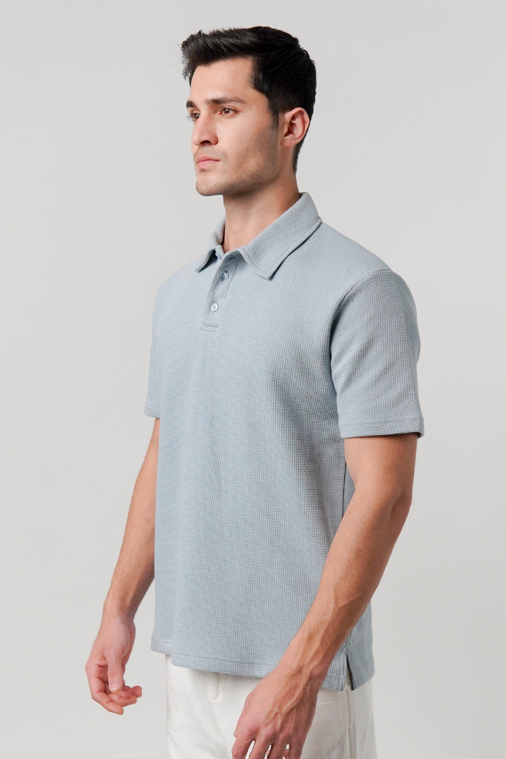 Textured Waffle Polo Shirt - Ice Blue - Mendeez