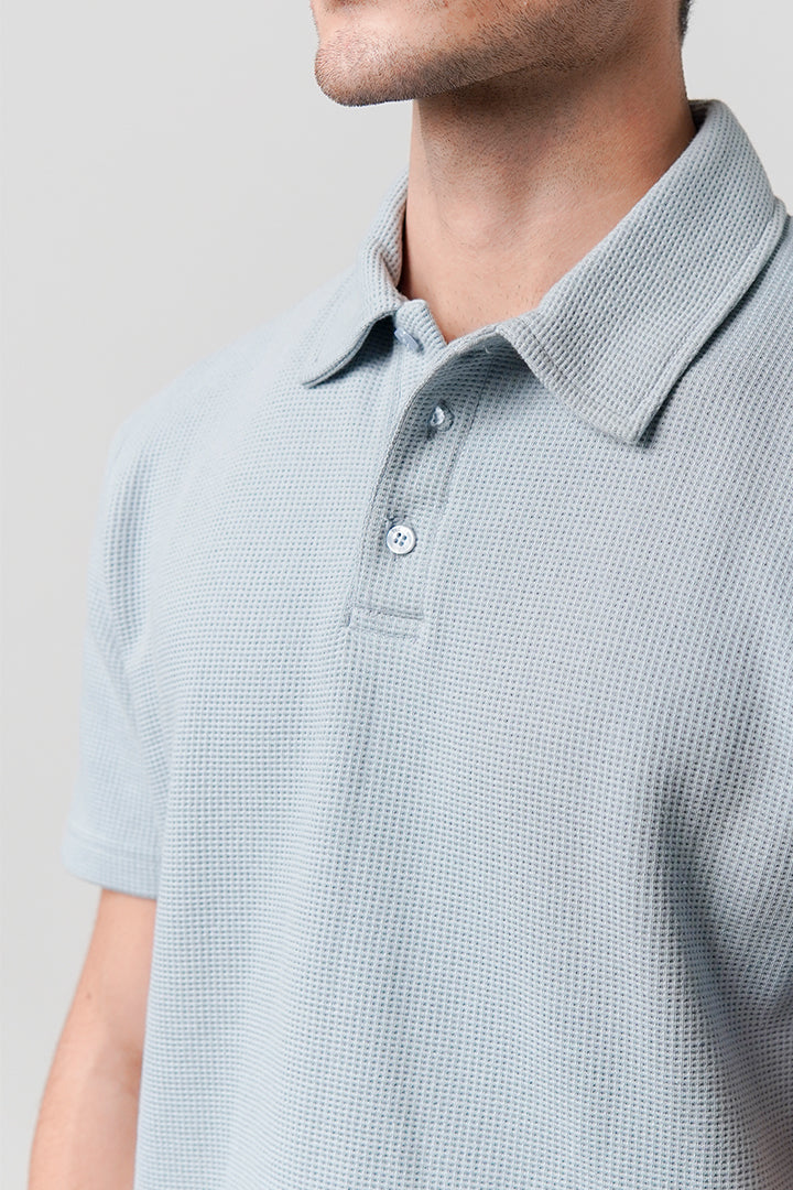 Textured Waffle Polo Shirt - Ice Blue - Mendeez