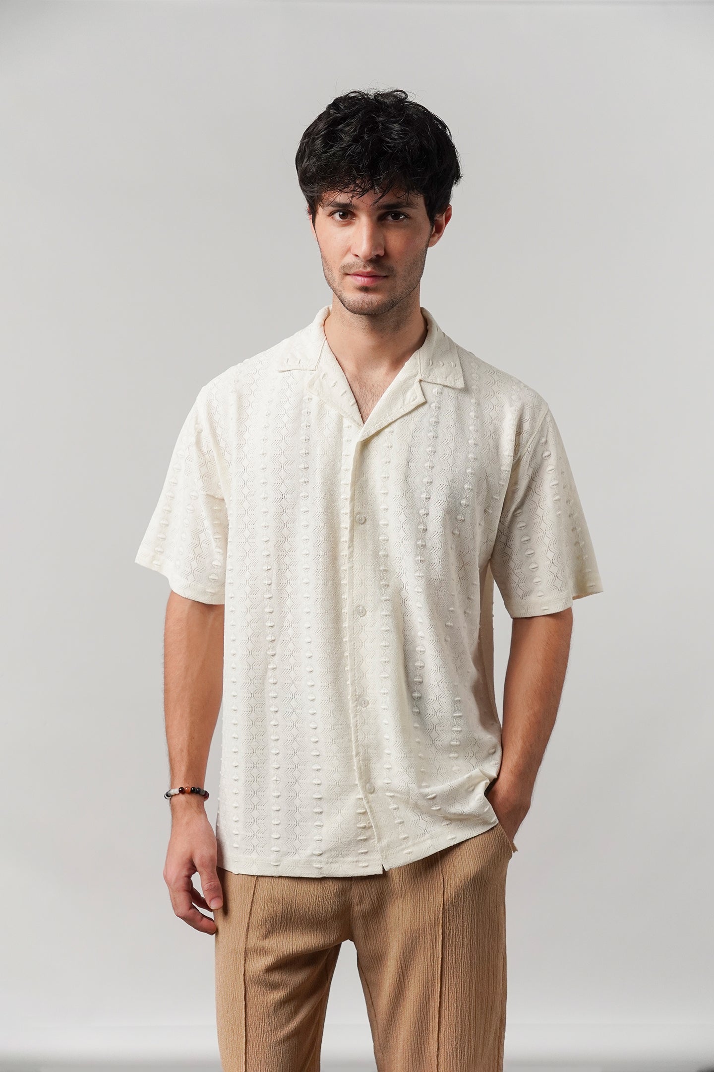 Knitted Cuban Shirt - Cream - Mendeez