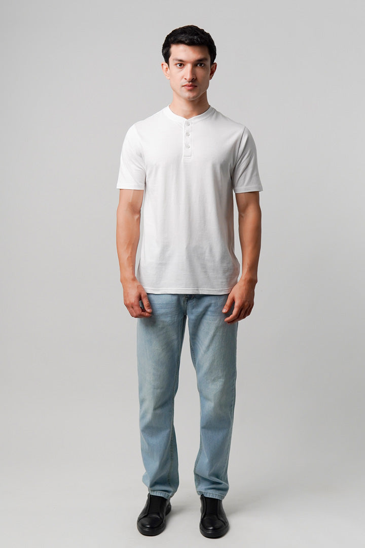 Regular Fit Henley T-Shirt - White - Mendeez
