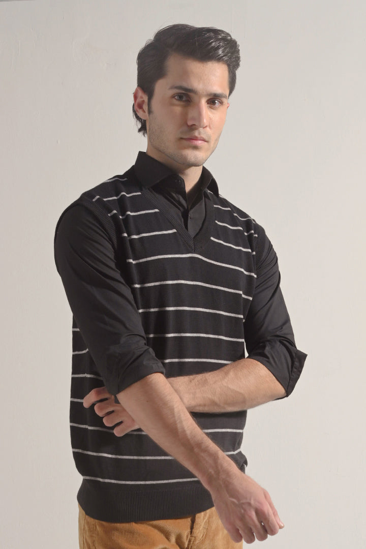 Striped Sweater Vest - Black - Mendeez