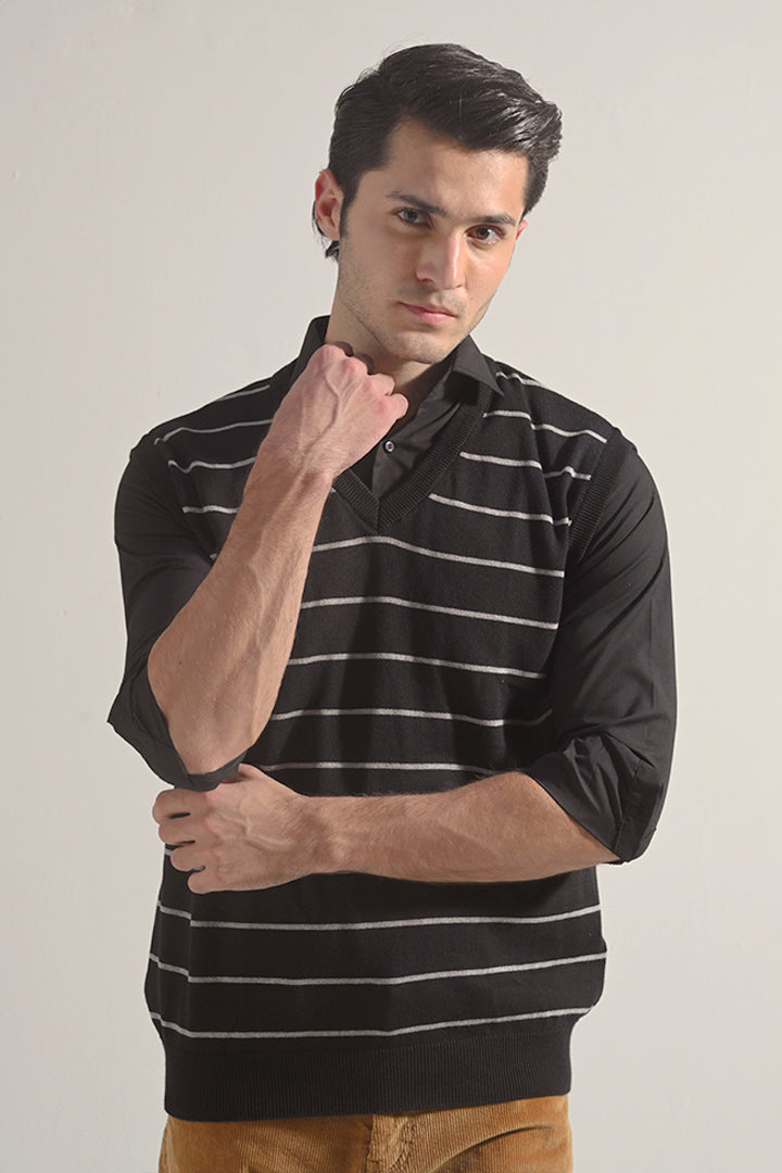 Striped Sweater Vest - Black - Mendeez