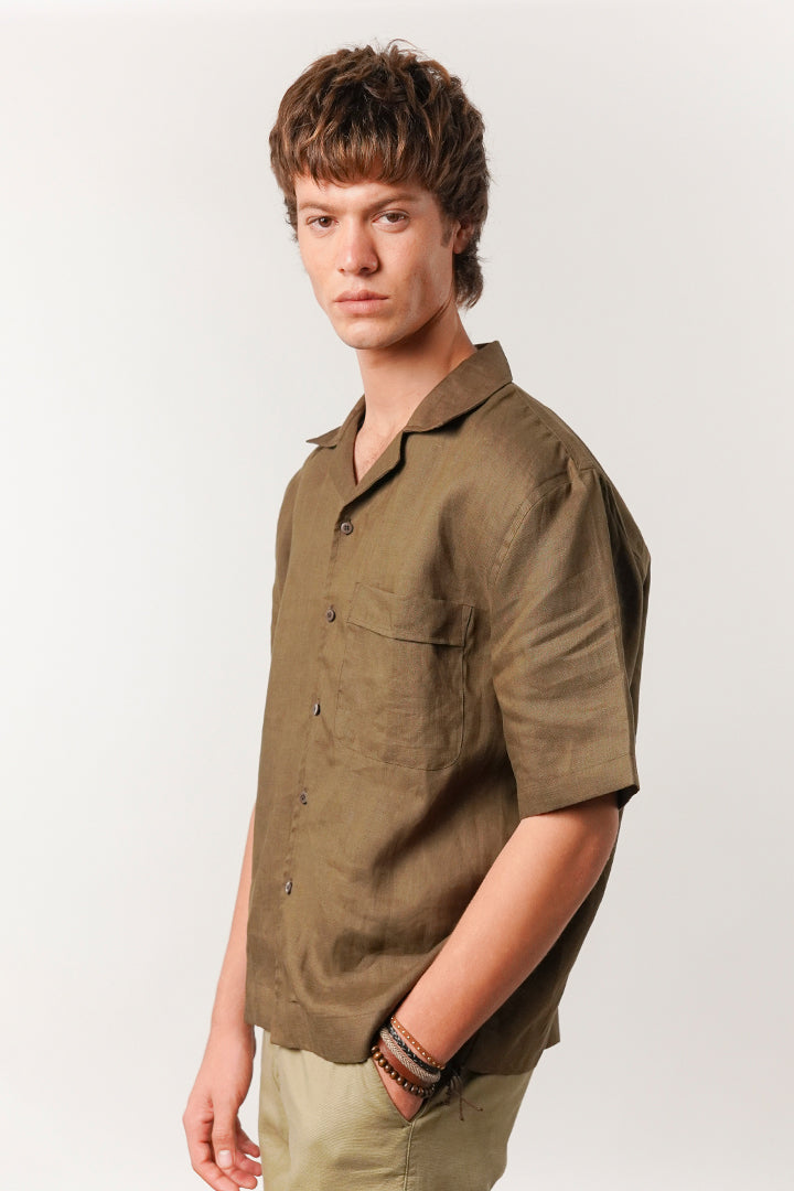 Box Fit Cuban Shirt - Olive Green - Mendeez